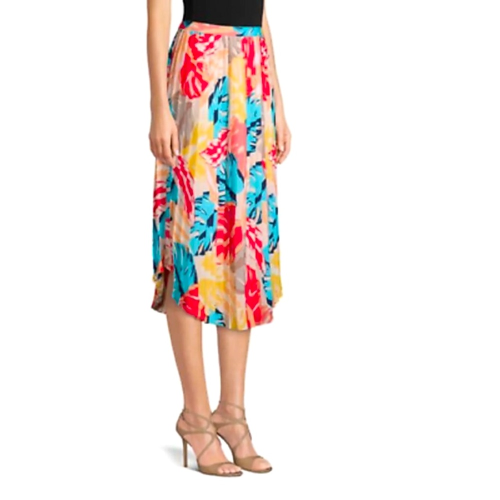 Laundry By Shelli Segal Pleated Midi Skirt In Banana Cream Leaf Print Size med